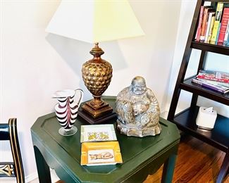 Buddha sculpture 
Hermes ashtrays 
Signed art glass pitcher 