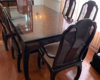 #1	Bernhardt Asian Burlwood Inlay Black Lacquer Dining room table w/6 chairs w/cane & 2 leaves - 44x71x30.5 - Solid Heavy Wood	 $800.00 
