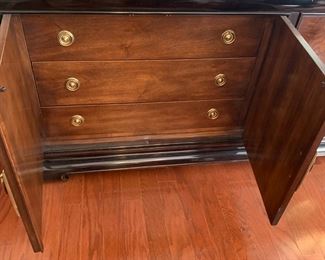 #2	Bernhardt Burlwood  Inlay w/black Asian China Cabinet lighted  w/ 1/4" 2  Glass Shelves w/4 doors, 3 drawers & 1 shelf  (2 pc.)  19x73x83.5	 $800.00 
