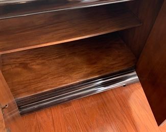 #2	Bernhardt Burlwood  Inlay w/black Asian China Cabinet lighted  w/ 1/4" 2  Glass Shelves w/4 doors, 3 drawers & 1 shelf  (2 pc.)  19x73x83.5	 $800.00 
