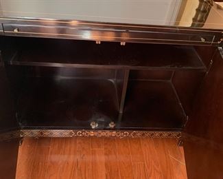 #3	Japanese Hand-Painted Black Lacquer Table w/pull-out Tray w/2 doors & 1 shelf - 18.5x41.5x30  (as is small Finish on top)	 $400.00 
