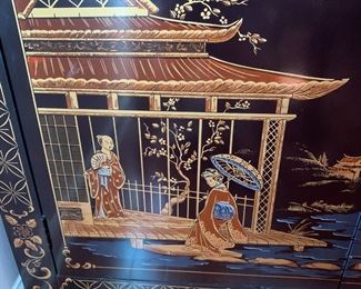 #3	Japanese Hand-Painted Black Lacquer Table w/pull-out Tray w/2 doors & 1 shelf - 18.5x41.5x30  (as is small Finish on top)	 $400.00 
