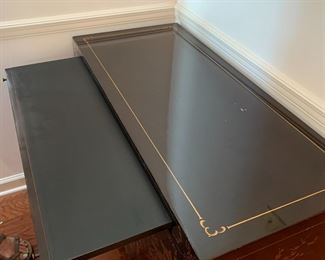 #3	Japanese Hand-Painted Black Lacquer Table w/pull-out Tray w/2 doors & 1 shelf - 18.5x41.5x30  (as is small Finish on top)	 $400.00 

