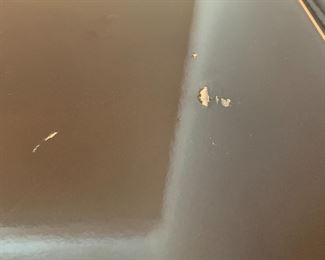 #3	Japanese Hand-Painted Black Lacquer Table w/pull-out Tray w/2 doors & 1 shelf - 18.5x41.5x30  (as is small Finish on top)	 $400.00 
