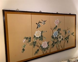 #15	Vintage Oriental 4 panel Hand-Painted Silk Screen - 72x36  w/original Mark w/all brass connecting Pieces 	 $275.00 
