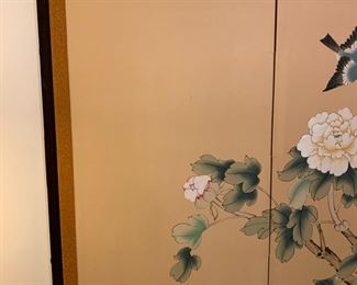 #15	Vintage Oriental 4 panel Hand-Painted Silk Screen - 72x36  w/original Mark w/all brass connecting Pieces 	 $275.00 
