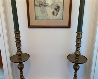 #27	Etched Brass Tall Candlesticks (pair) w/extra Candles - 62" Tall w/candle (has extra candles	 $85.00 
