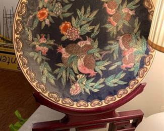 #79	Vtg. Chinese Stamped Oversized Porcelain Plate 18" Pomgranate Design w/Rosewood Stand	 $185.00 
