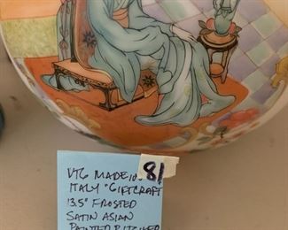 #81	Vtg. Made in Italy 13.5" Frosted Satin Asian Painted Pitcher Original Label	 $65.00 
