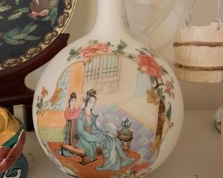 #81	Vtg. Made in Italy 13.5" Frosted Satin Asian Painted Pitcher Original Label	 $65.00 
