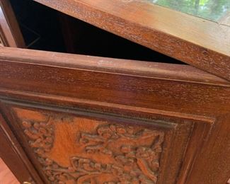 #94	Mid-Century Asian Carved  Rolling Bar w/flip-open top w/green marble Top, has wine cubbies and 2 drawers & Wine Inserts - 3'-6' x 20"Dx41	 $300.00 
