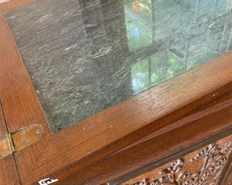 #94	Mid-Century Asian Carved  Rolling Bar w/flip-open top w/green marble Top, has wine cubbies and 2 drawers & Wine Inserts - 3'-6' x 20"Dx41	 $300.00 
