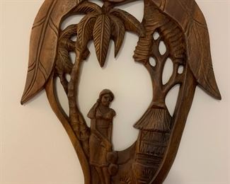 #104	Monkey Pod Wood Relief Carving - set of 2 - 21"Tx14"W	 $45.00 
