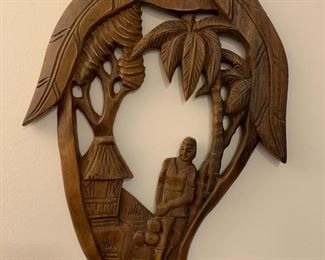 #104	Monkey Pod Wood Relief Carving - set of 2 - 21"Tx14"W	 $45.00 
