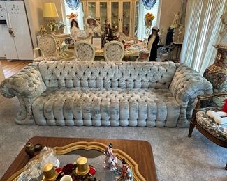 Hollywood Regency Velvet Tufted Blue Couch