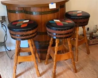 Whiskey Barrel Bar and Stools