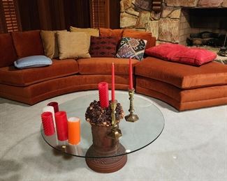 Mid-Century Modern Orange Semi Circle Sofa & Round Table Wood Base Glass Top