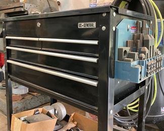 US General rolling tool box; hand tools, modern and vintage
