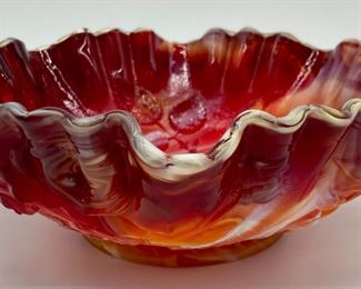 Vintage Imperial "Rose" pattern orange/red/white slag glass bowl