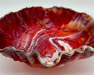 Vintage Imperial "Rose" pattern orange/red/white slag glass bowl