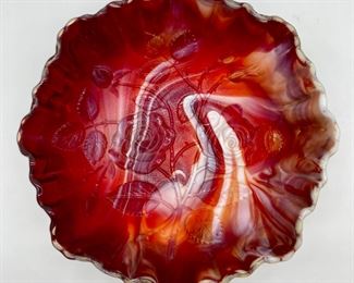 Vintage Imperial "Rose" pattern orange/red/white slag glass bowl