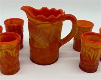 Vintage Vogelsong Summit Art orange slag glass miniature pitcher and six tumblers