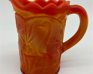 Vintage Vogelsong Summit Art orange slag glass miniature pitcher and six tumblers