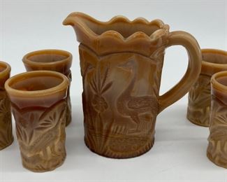 Vintage Vogelsong Summit Art caramel slag glass miniature pitcher and six tumblers