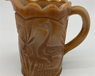 Vintage Vogelsong Summit Art caramel slag glass miniature pitcher and six tumblers