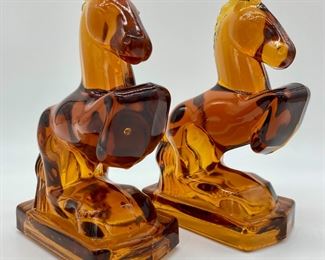 Vintage Smith glass rearing horse bookends - amber pair