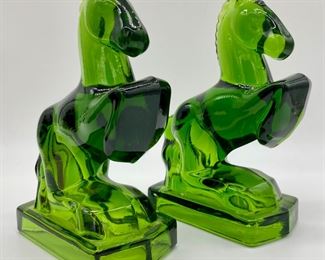 Vintage Smith glass rearing horse bookends - avocado pair