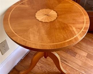 Vintage wood inlay pedestal accent table