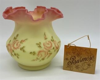 Vintage Fenton Burmese (uranium) "Rose" squat vase signed C. Welcht