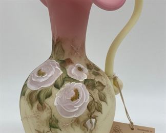 Vintage Fenton Burmese (uranium) 3 rose water pitcher signed Carol Griffiths