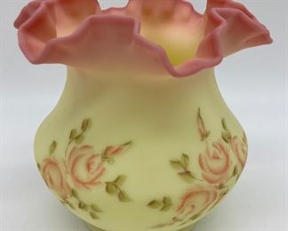 Vintage Fenton Burmese (uranium) "Rose" squat vase signed C. Welcht