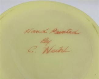 Vintage Fenton Burmese (uranium) "Rose" squat vase signed C. Welcht