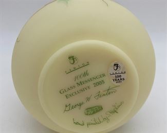 Vintage Fenton Burmese (uranium) 100th year glass messenger signed Shelley Hopkins & George W. Fenton