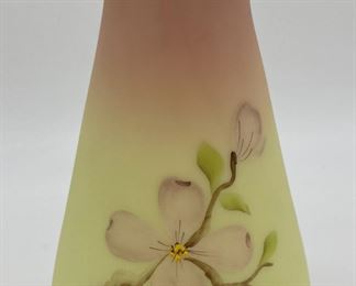 Vintage Fenton Burmese (uranium) dogwood vase signed Sandra Walsh