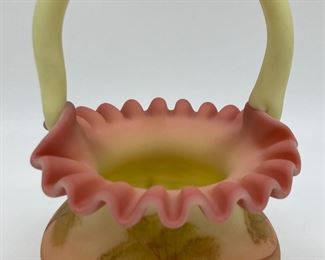 Vintage Fenton Burmese (uranium) rufffled handled basket signed by Connie Ash