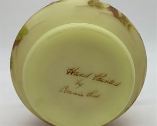 Vintage Fenton Burmese (uranium) rufffled handled basket signed by Connie Ash