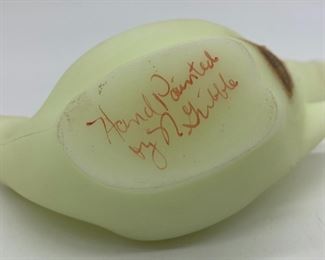 Vintage Fenton custard uranium long tail bird signed Nancy Gribble