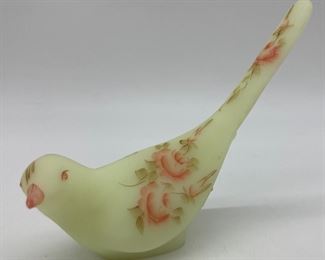 Vintage Fenton custard uranium long tail bird signed Nancy Gribble