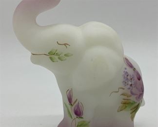 Vintage Fenton satin white/pink glass elephant signed Pam Fleak