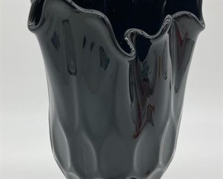 Vintage  Fenton Black Thumbprint swung handkerchief pedestal vase