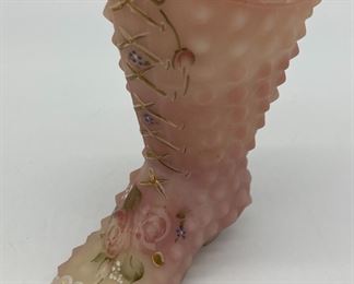 Vintage Fenton 95th anniversary Victorian pink uranium hobnail boot signed Susan Massey & George W. Fenton