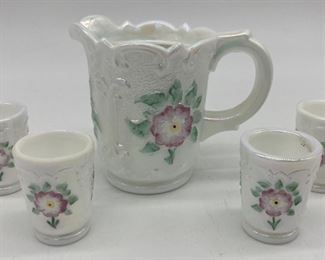 Vintage Fenton miniature iridized pitcher and 4 tumblers signed D. Cooper