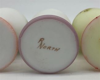  Vintage Fenton light pink with pink flowers egg signed Trudy Berdine; Vintage Fenton white with purple flowers egg signed R. North; Vintage Fenton custard uranium glass with pink roses signed Nancy Gribble