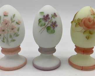  Vintage Fenton light pink with pink flowers egg signed Trudy Berdine; Vintage Fenton white with purple flowers egg signed R. North; Vintage Fenton custard uranium glass with pink roses signed Nancy Gribble