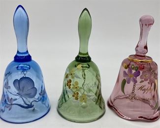 Vintage Fenton blue bell with butterfly signed Dan Anderson; Vintage Fenton "Mother" green glass bell signed Jackie Delancy; Vintage Fenton amethyst glass "Happy Anniversary" bell signed Dane Fredrick