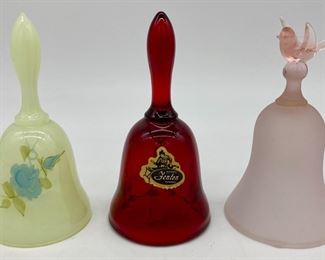 Vintage Fenton opalescent bell with blue roses; Vintage Fenton diamond pattern red glass bell; Vintage satin pink bell with bird atop handle